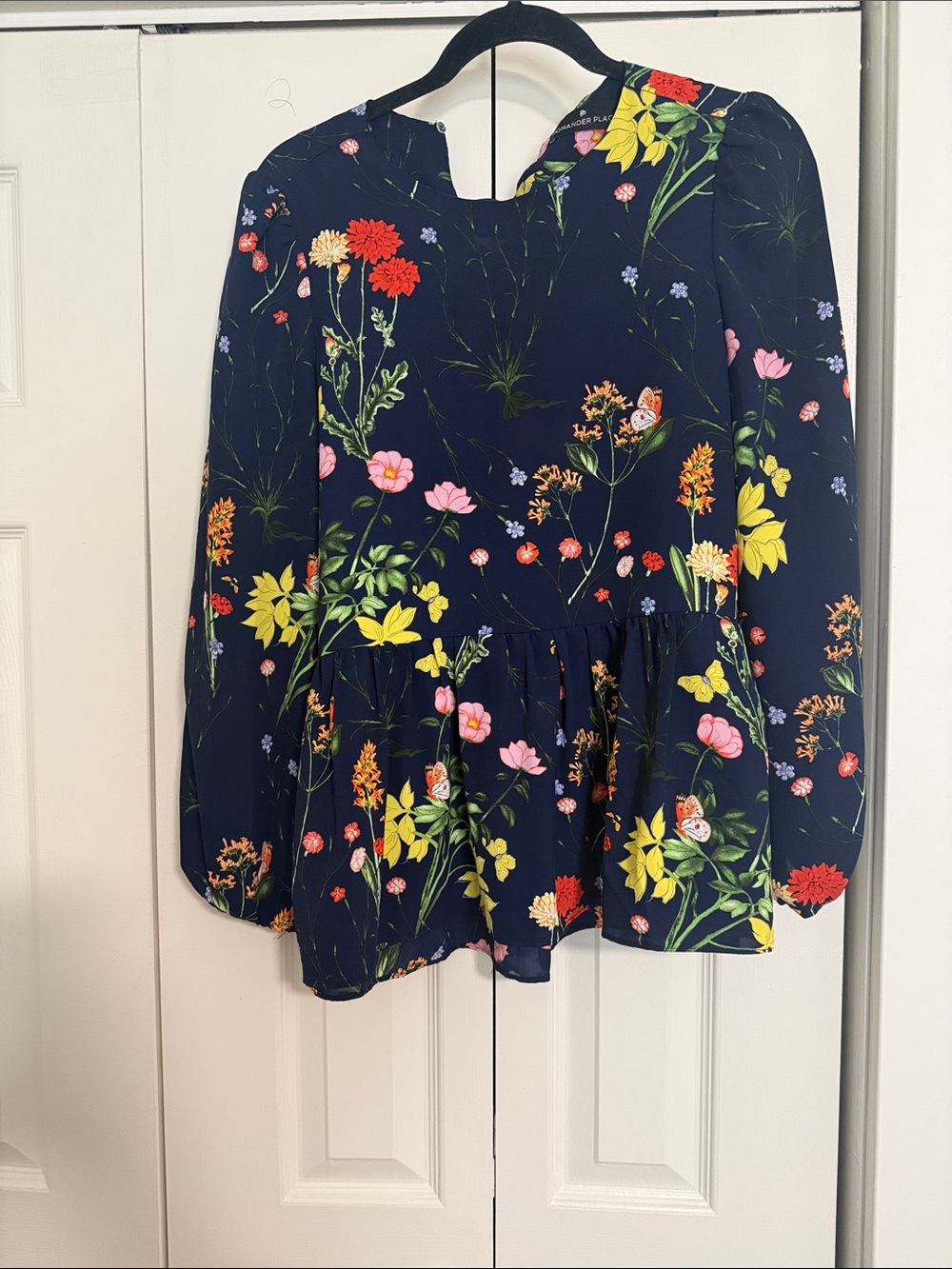 Pomander Place Women’s Navy Floral Peplum Top - Navy with Multicolor Flowers